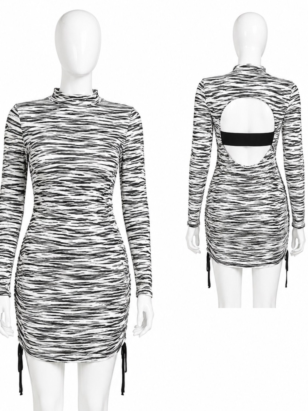 Zebra Print Knit Bodycon Dress Open Back Cutout Long Sleeve Ruched Hem, Size L